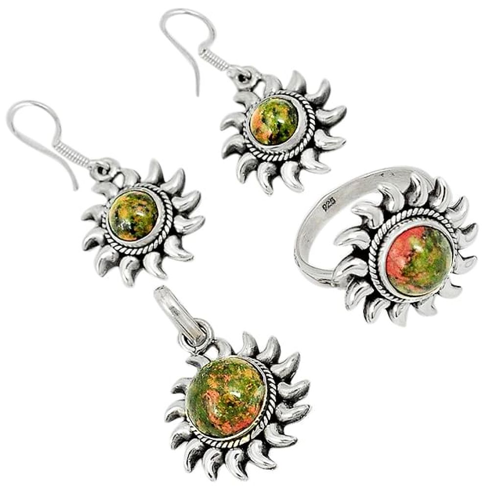 Natural green unakite 925 silver pendant ring earrings set jewelry j42723