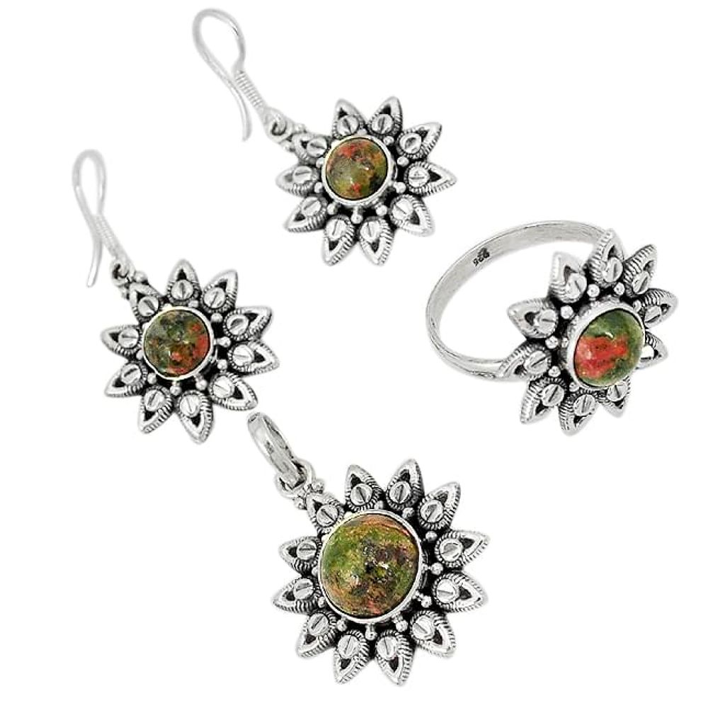 Natural green unakite 925 sterling silver pendant ring earrings set j42728