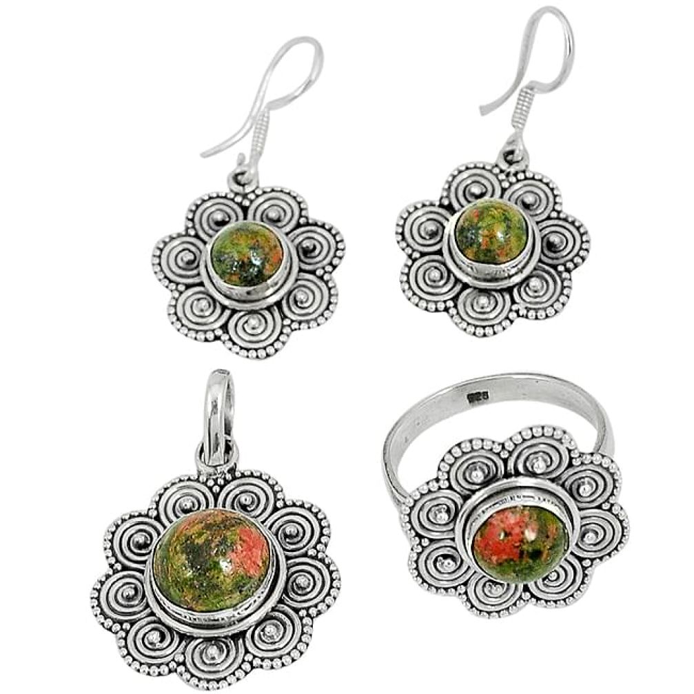 Natural green unakite 925 sterling silver pendant ring earrings set j42731