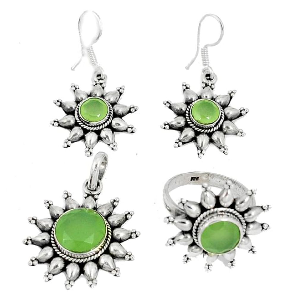 Natural green prehnite 925 silver pendant ring earrings set jewelry j42734