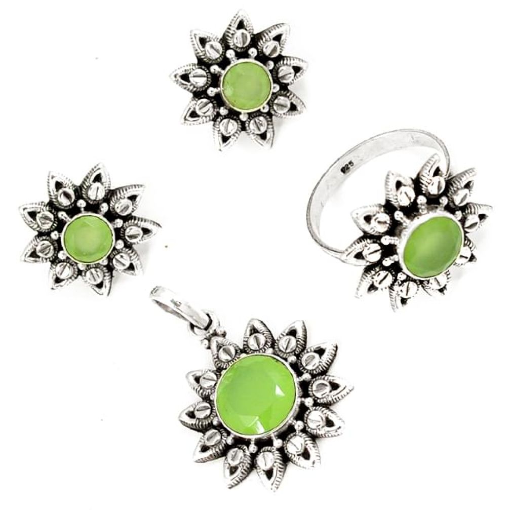 Natural green prehnite 925 sterling silver pendant ring earrings set j42736