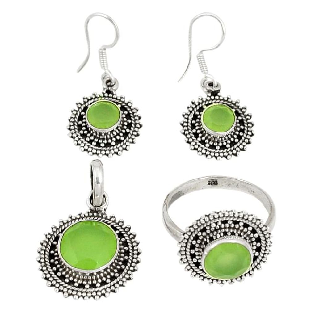 Natural green prehnite 925 silver pendant ring earrings set jewelry j42746