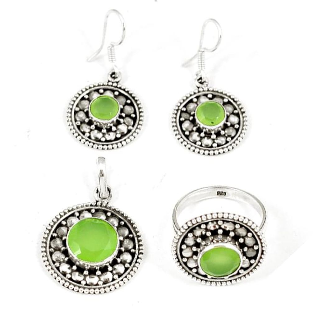 Natural green prehnite 925 silver pendant ring earrings set jewelry j42748