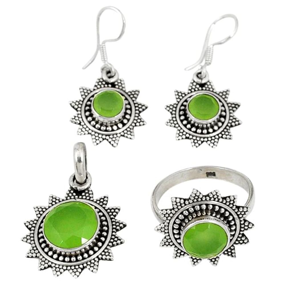 Natural green prehnite 925 silver pendant ring earrings set jewelry j42752