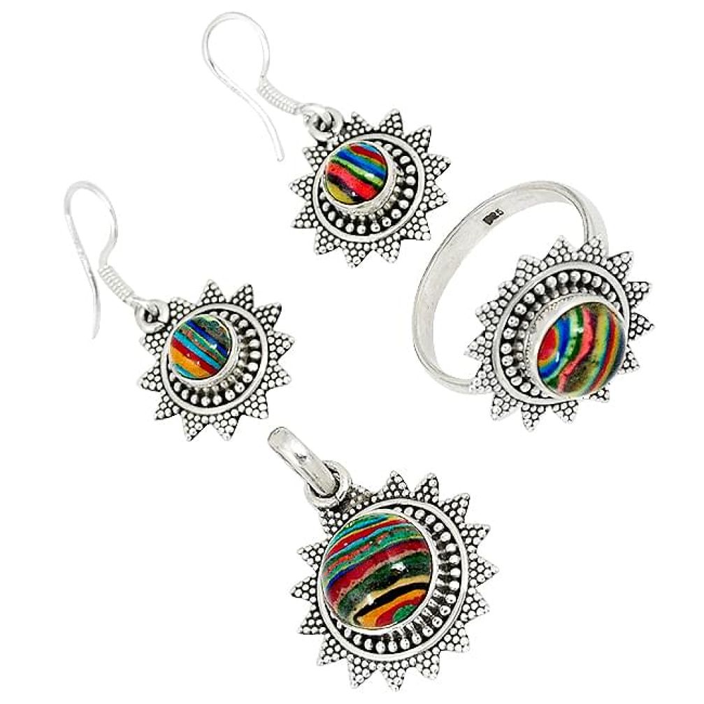 Multi color rainbow calsilica 925 silver pendant ring earrings set j42771