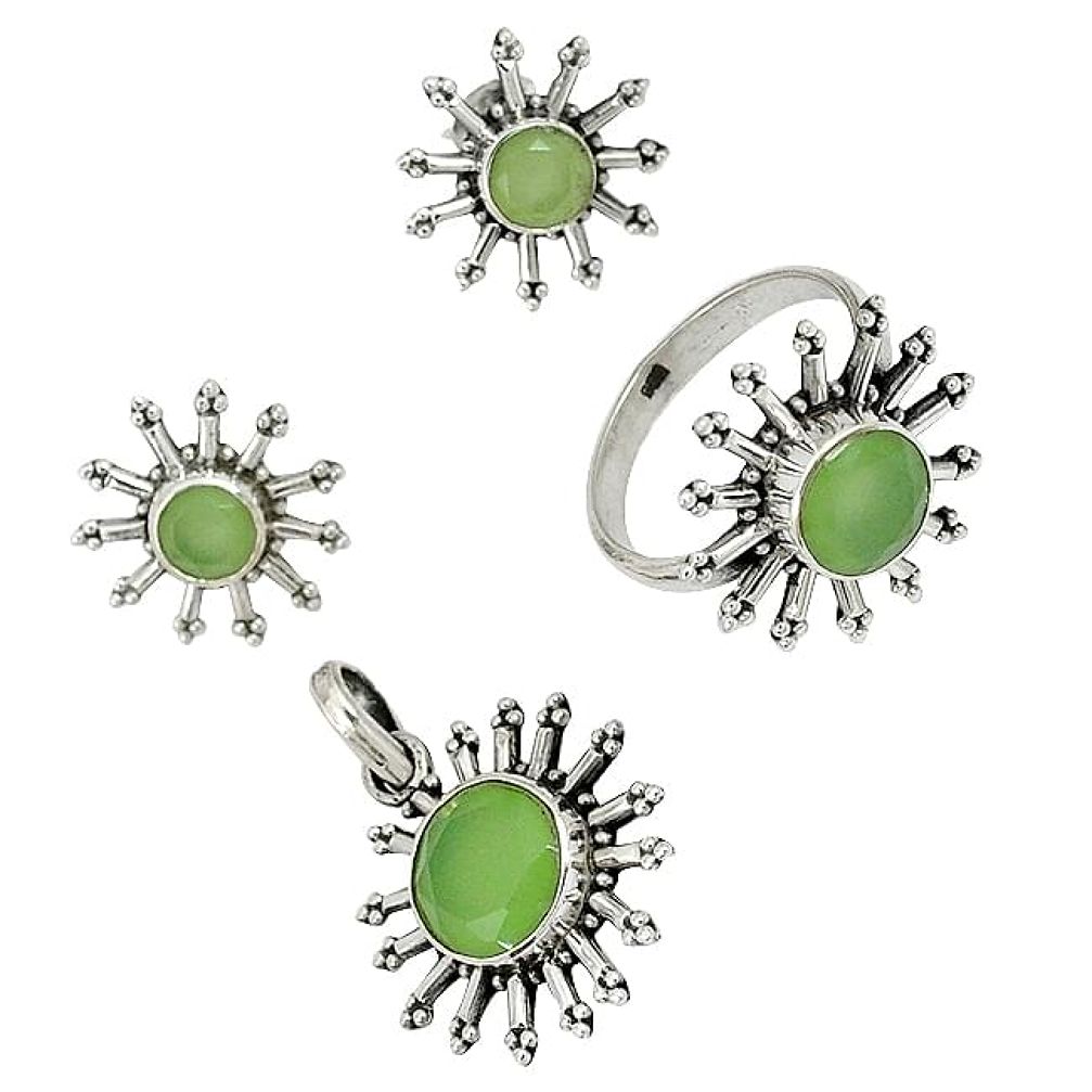 Natural green prehnite 925 sterling silver pendant ring earrings set j42774