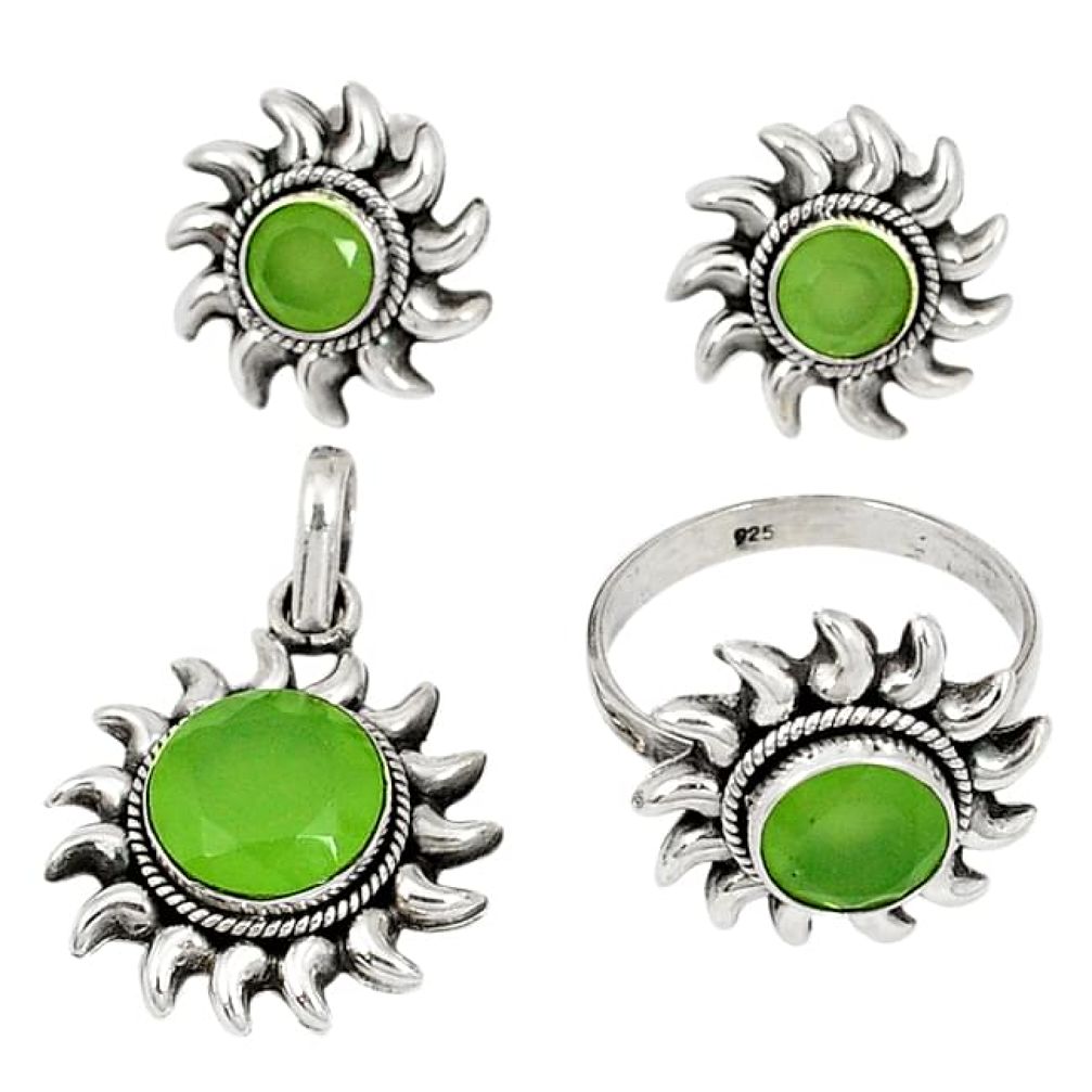 Natural green prehnite 925 silver pendant ring earrings set jewelry j42776