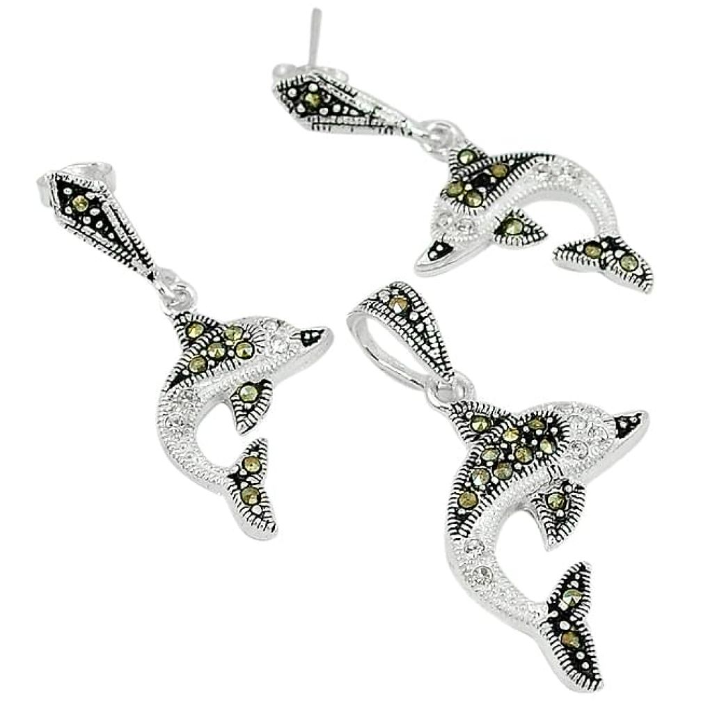 925 silver natural white topaz marcasite dolphine pendant earrings set j43607