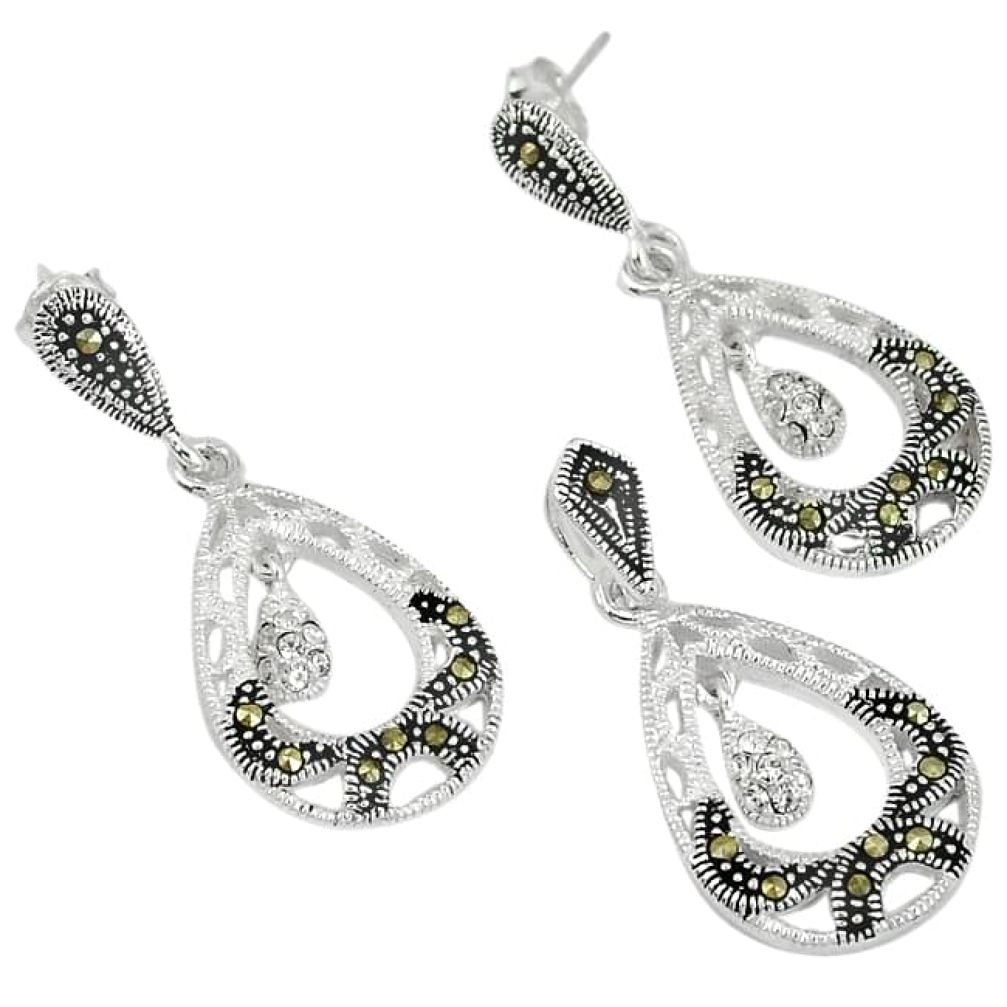 Natural white topaz marcasite 925 silver pendant earrings set jewelry j43614