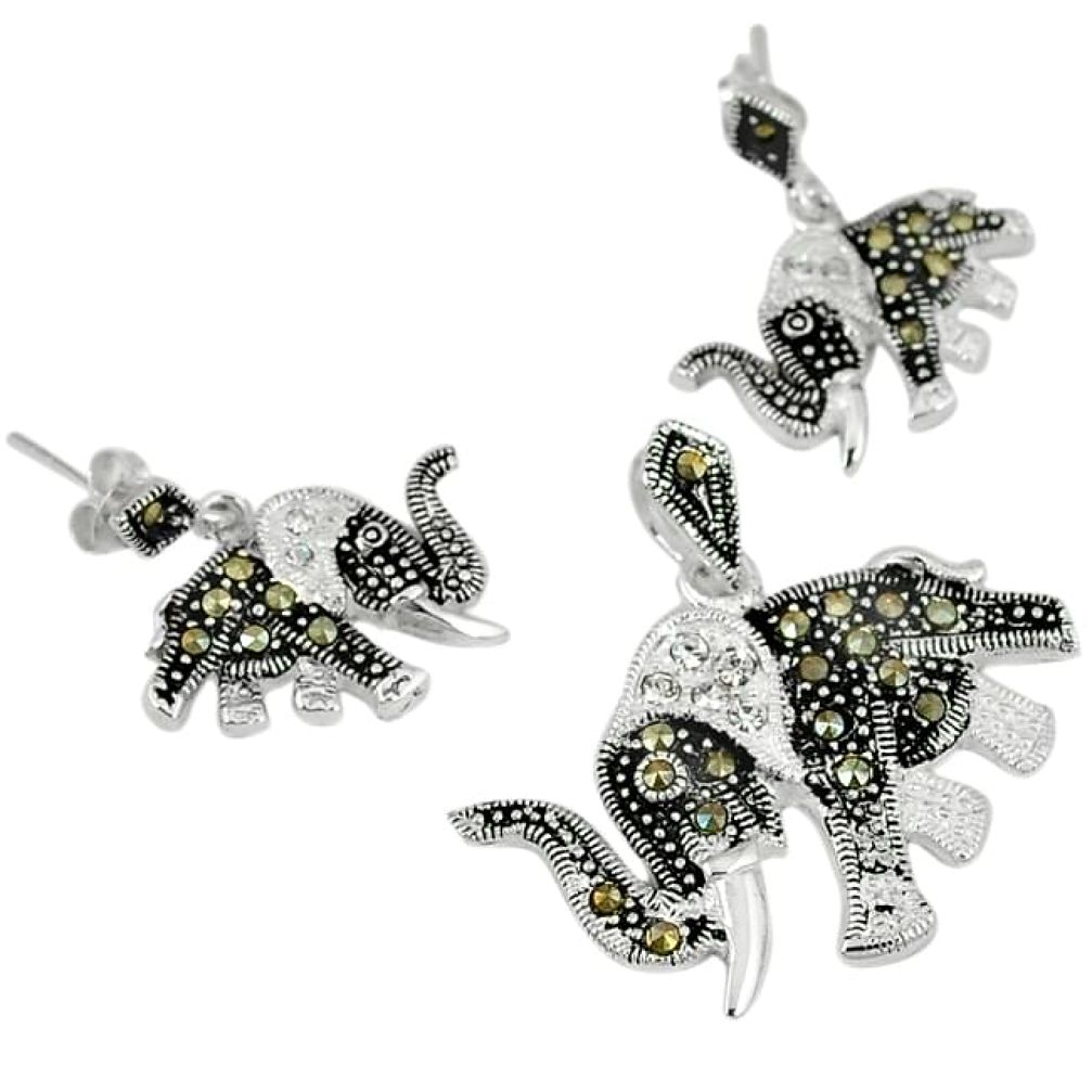 Natural white topaz marcasite 925 silver elephant pendant earrings set j43615