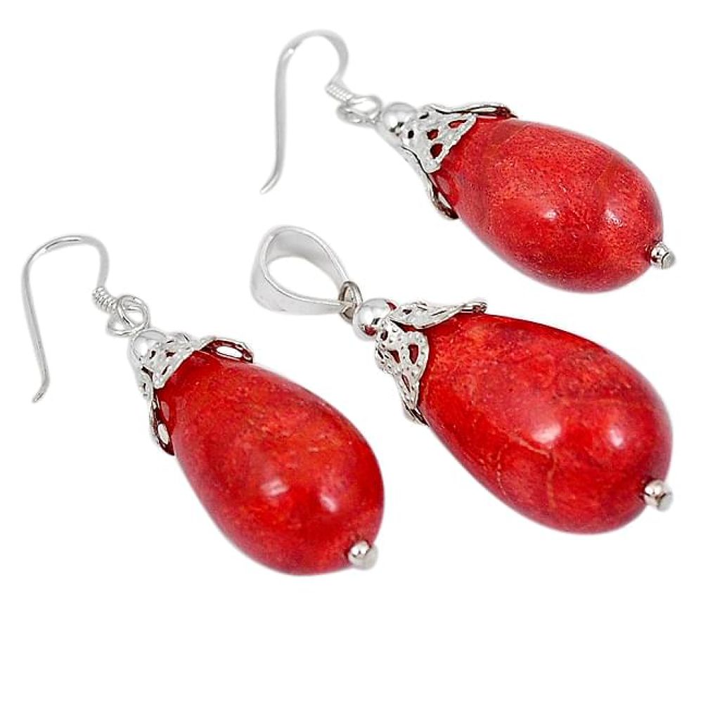 925 silver natural red sponge coral pendant earrings set jewelry j43924