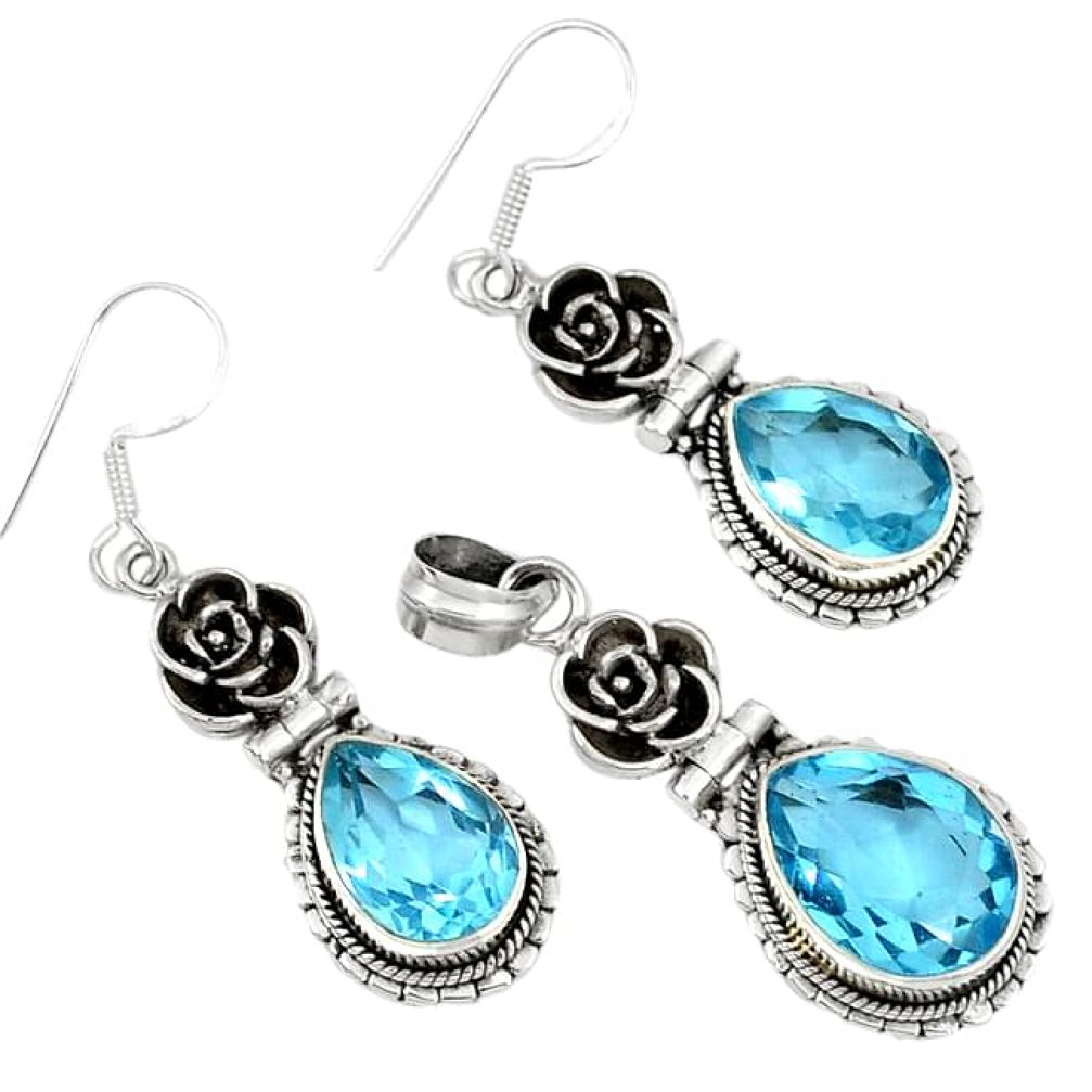 21.87cts natural blue topaz 925 sterling silver pendant earrings set j44043