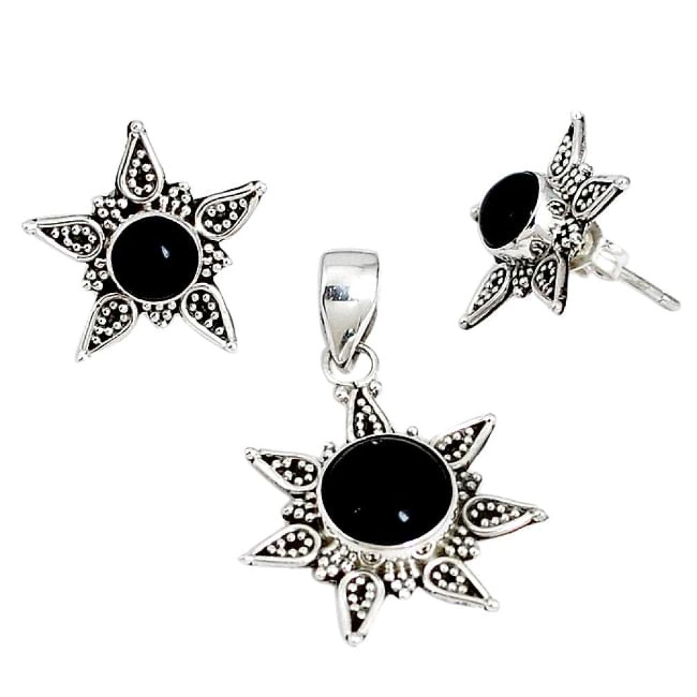 Natural black onyx 925 sterling silver pendant earrings set jewelry j50730