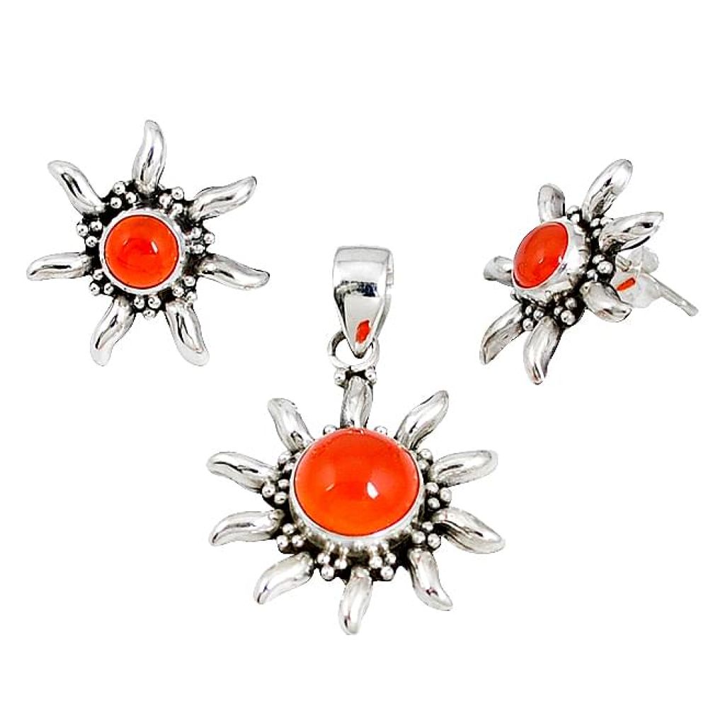 Natural orange carnelian 925 sterling silver pendant earrings set j50751