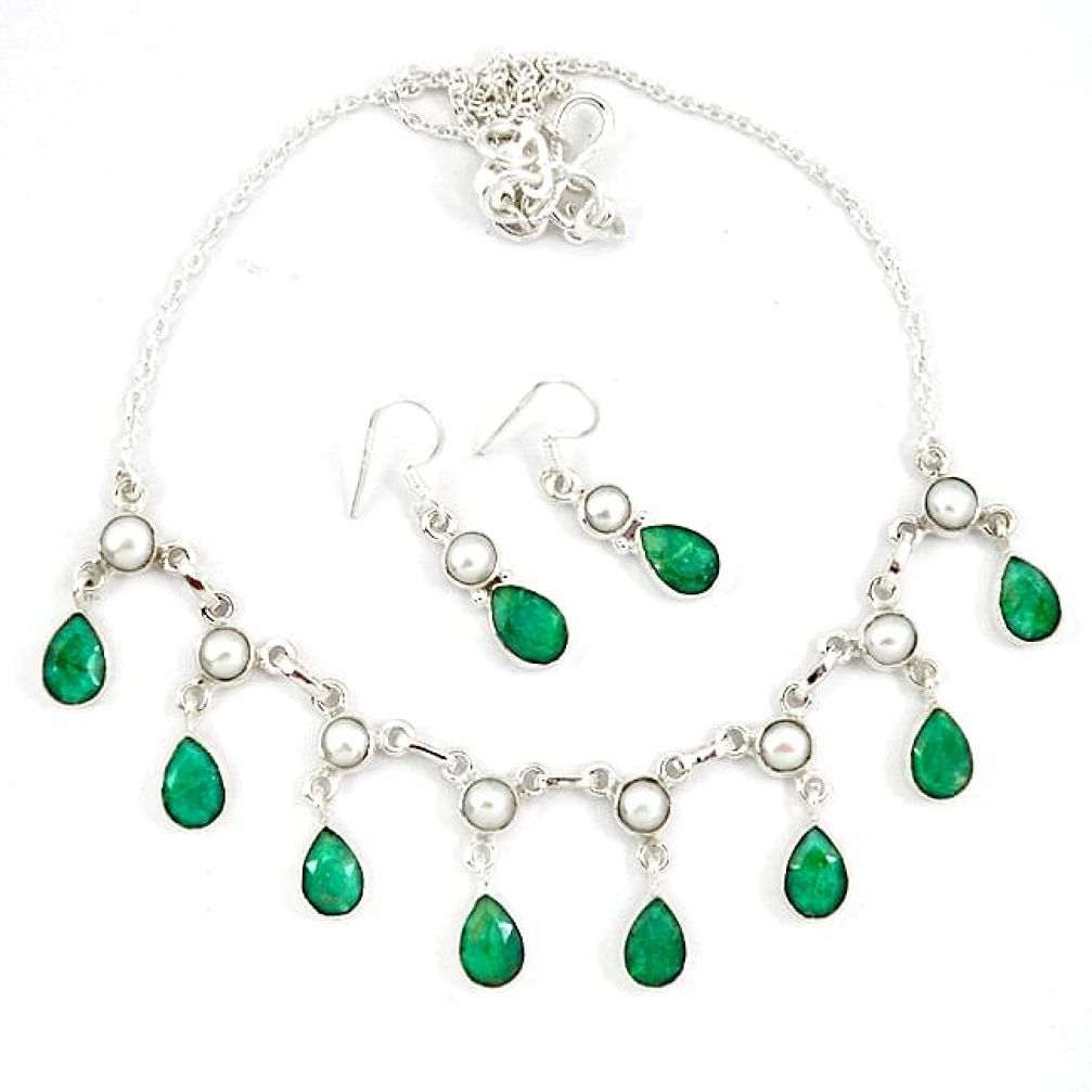 Natural green emerald pearl 925 sterling silver earrings necklace set j52395