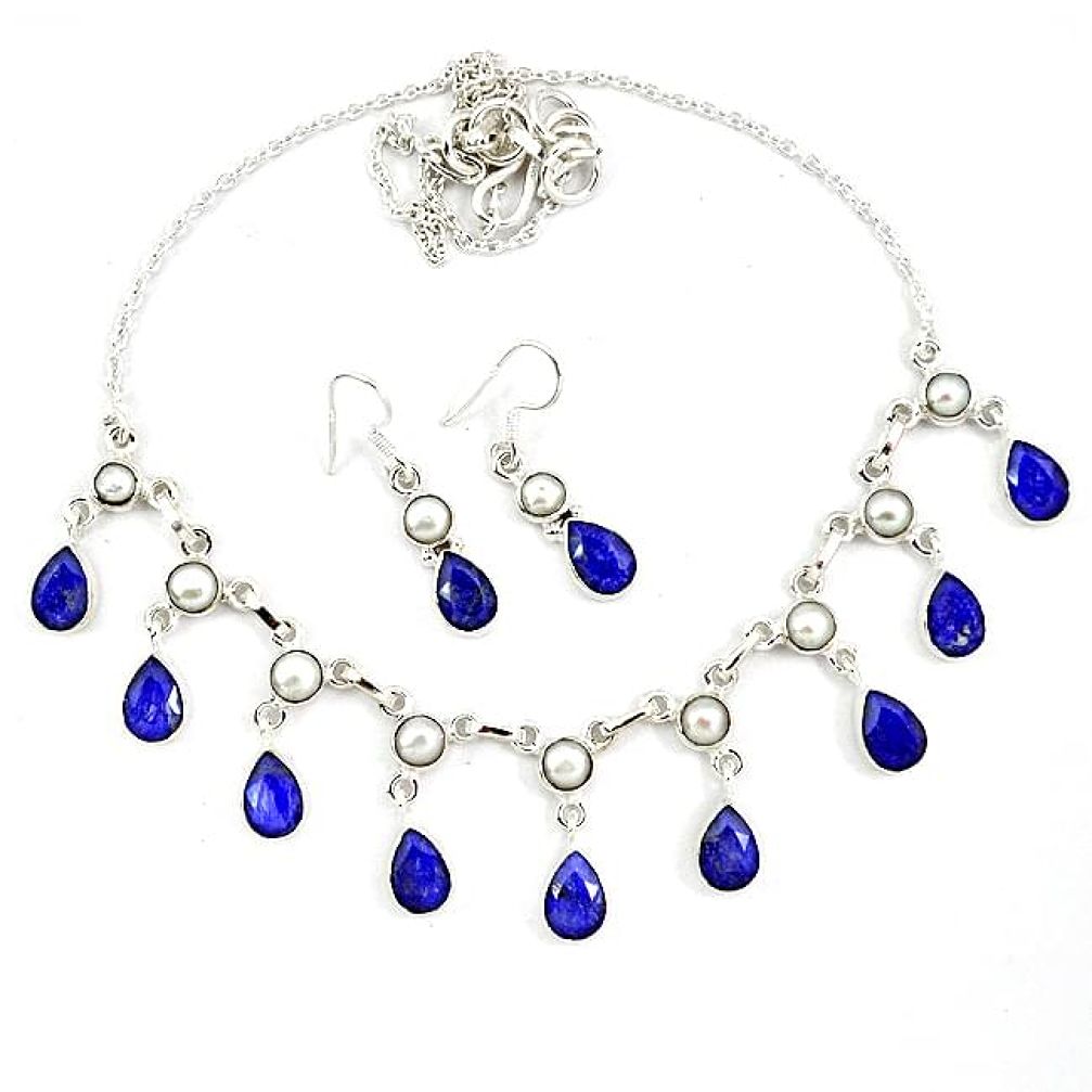 Natural blue sapphire white pearl 925 silver earrings necklace set j52398