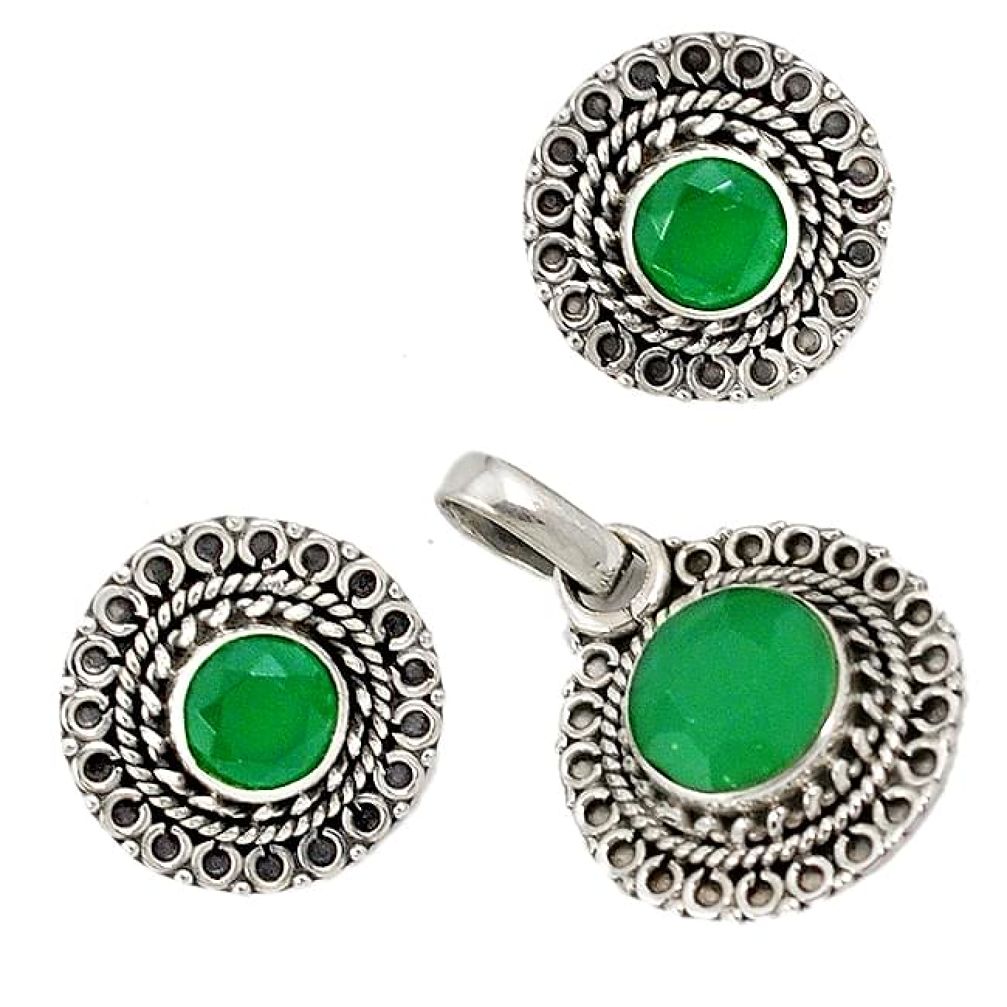 Natural green chalcedony 925 sterling silver pendant earrings set jewelry j6882