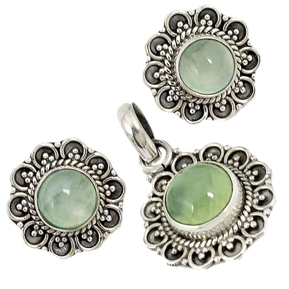 Natural green prehnite 925 sterling silver pendant earrings set jewelry j6911