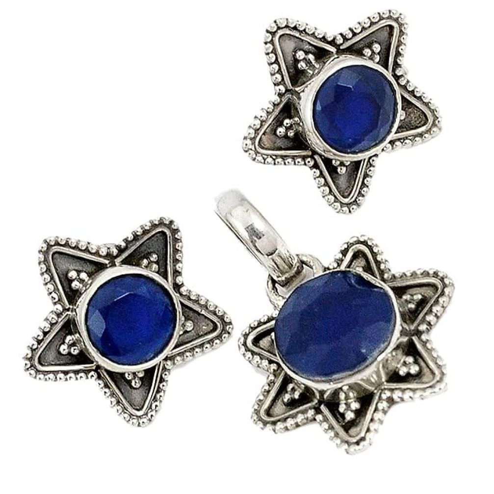 Blue sapphire quartz 925 sterling silver pendant earrings set jewelry j6914