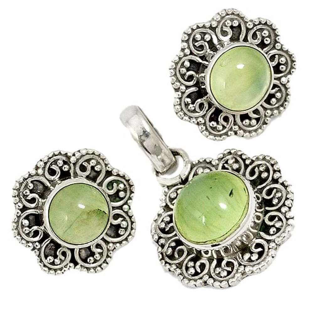 Natural green prehnite 925 sterling silver pendant earrings set jewelry j6921