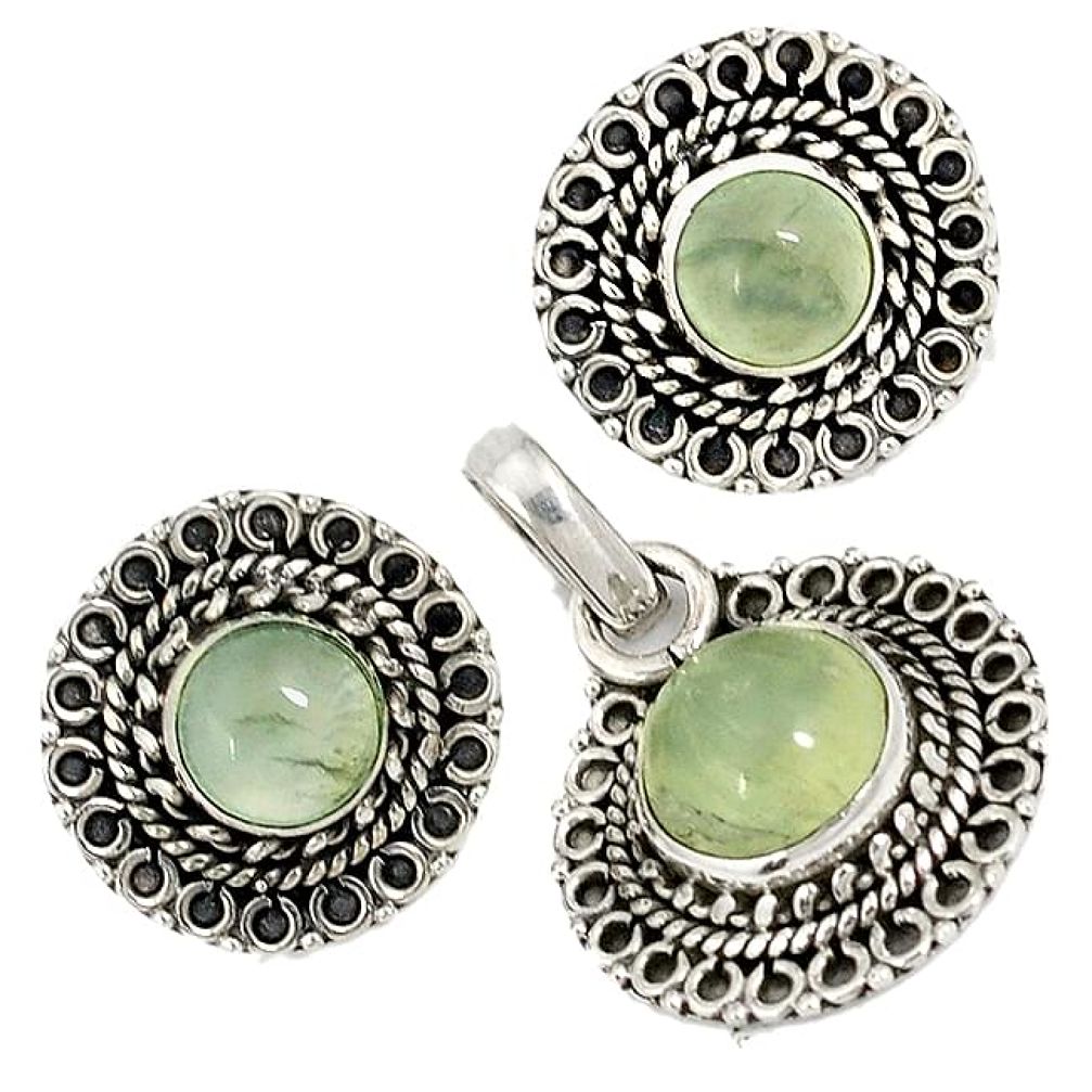 Natural green prehnite 925 sterling silver pendant earrings set jewelry j6933
