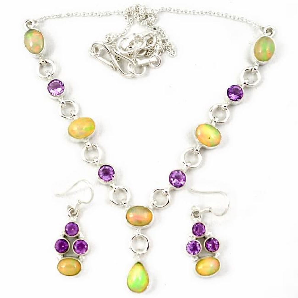 Natural multi color ethiopian opal amethyst silver earrings necklace set j7089