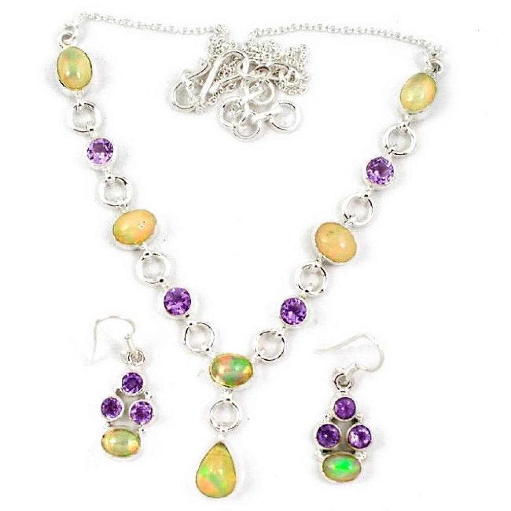 925 silver natural multi color ethiopian opal earrings necklace set j7090