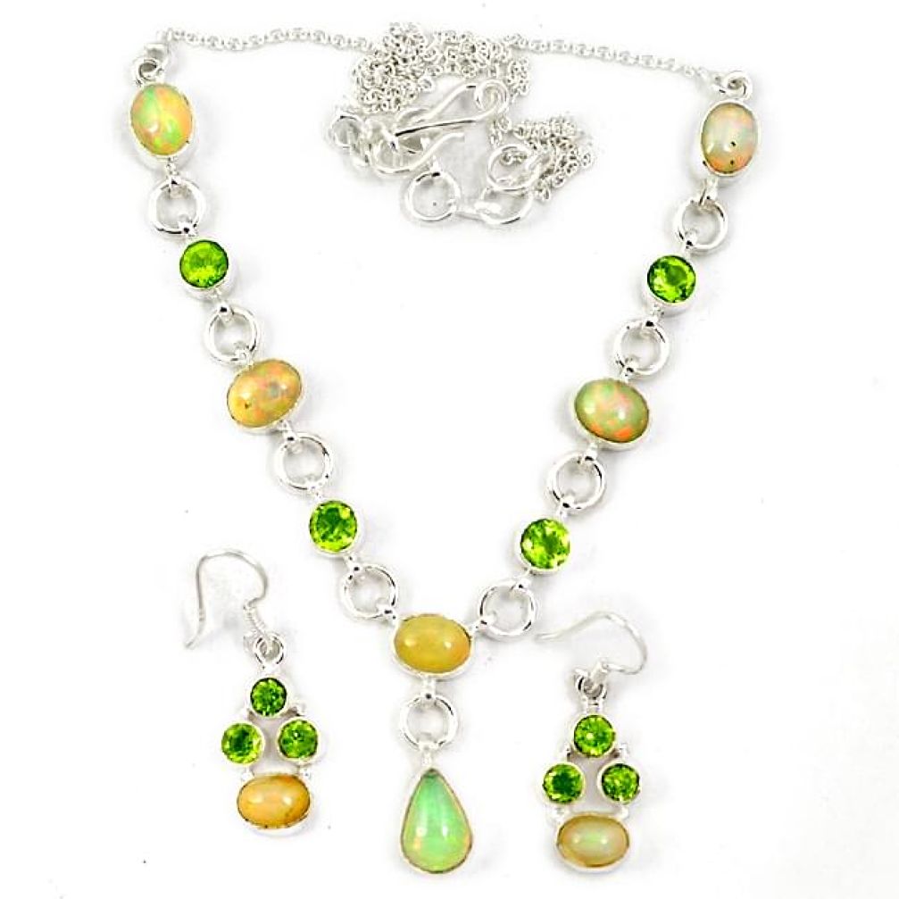 925 silver natural multicolor ethiopian opal peridot earrings necklace set j7092