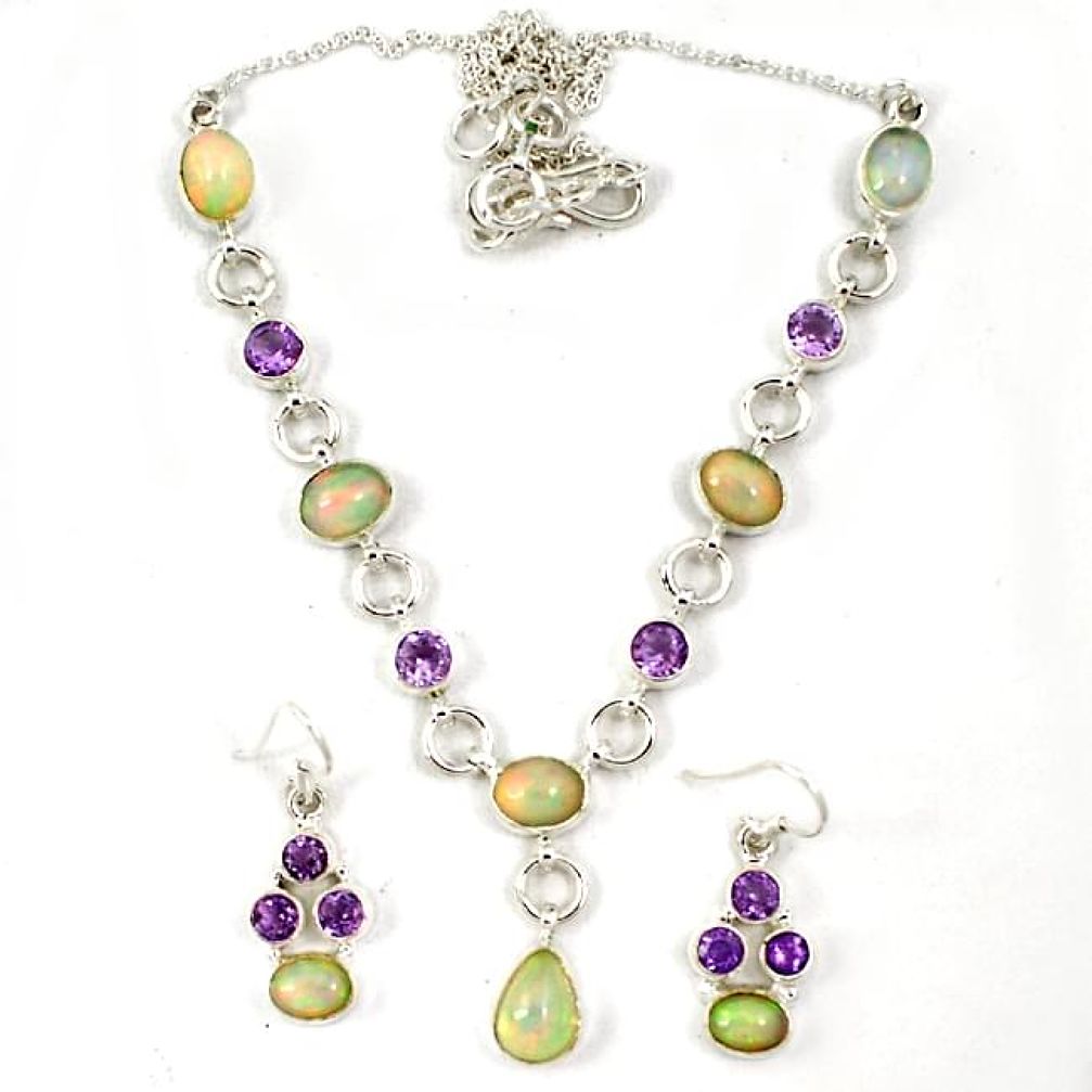 Multi color ethiopian opal amethyst 925 silver earrings necklace set j7093