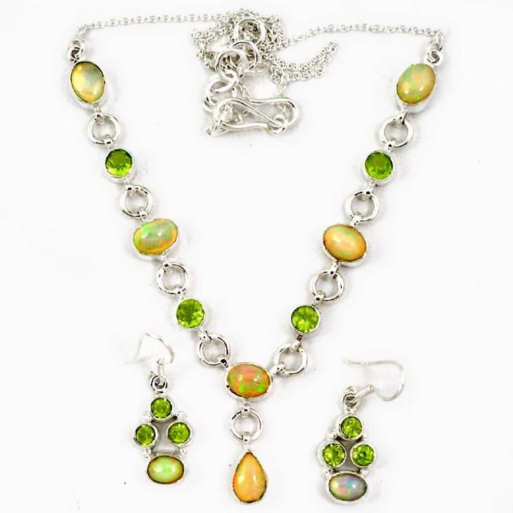 925 silver multi color ethiopian opal peridot earrings necklace set j7096