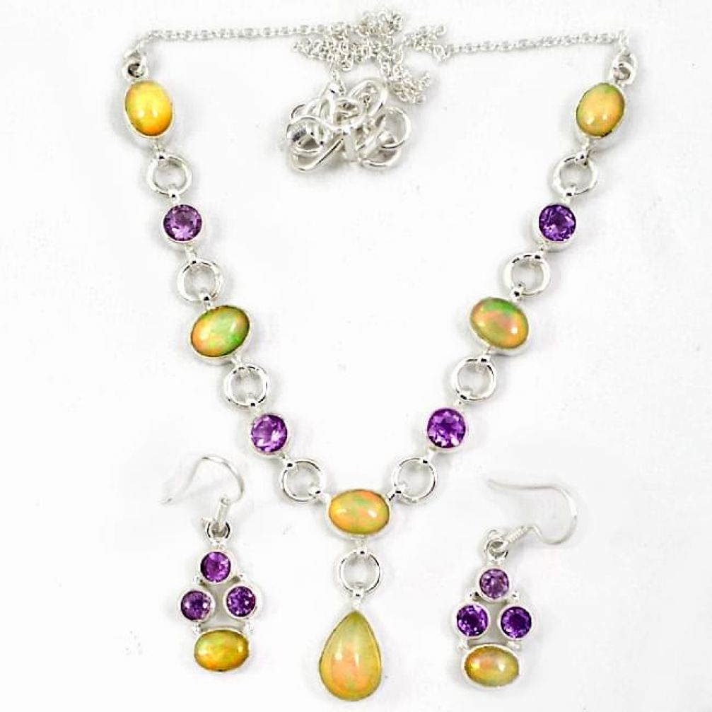 Natural multicolor ethiopian opal amethyst silver earrings necklace set j7097
