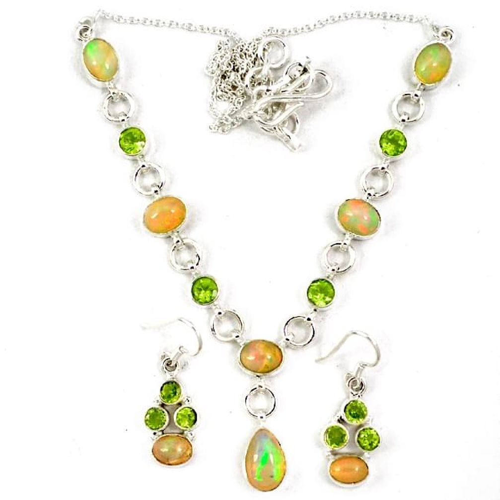 Natural multicolor ethiopian opal peridot 925 silver earrings necklace set j7098