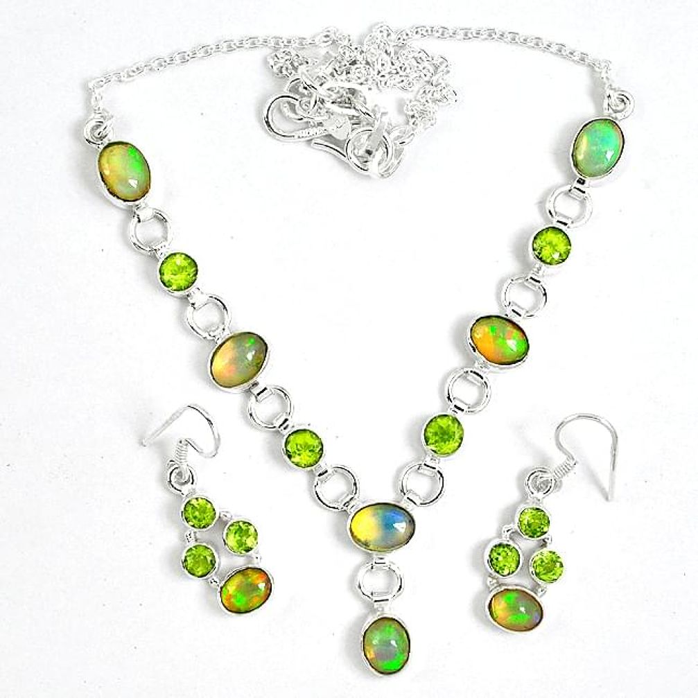 Natural multi color ethiopian opal 925 silver earrings necklace set k33846