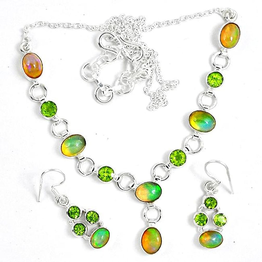 Natural multi color ethiopian opal 925 silver earrings necklace set k33847