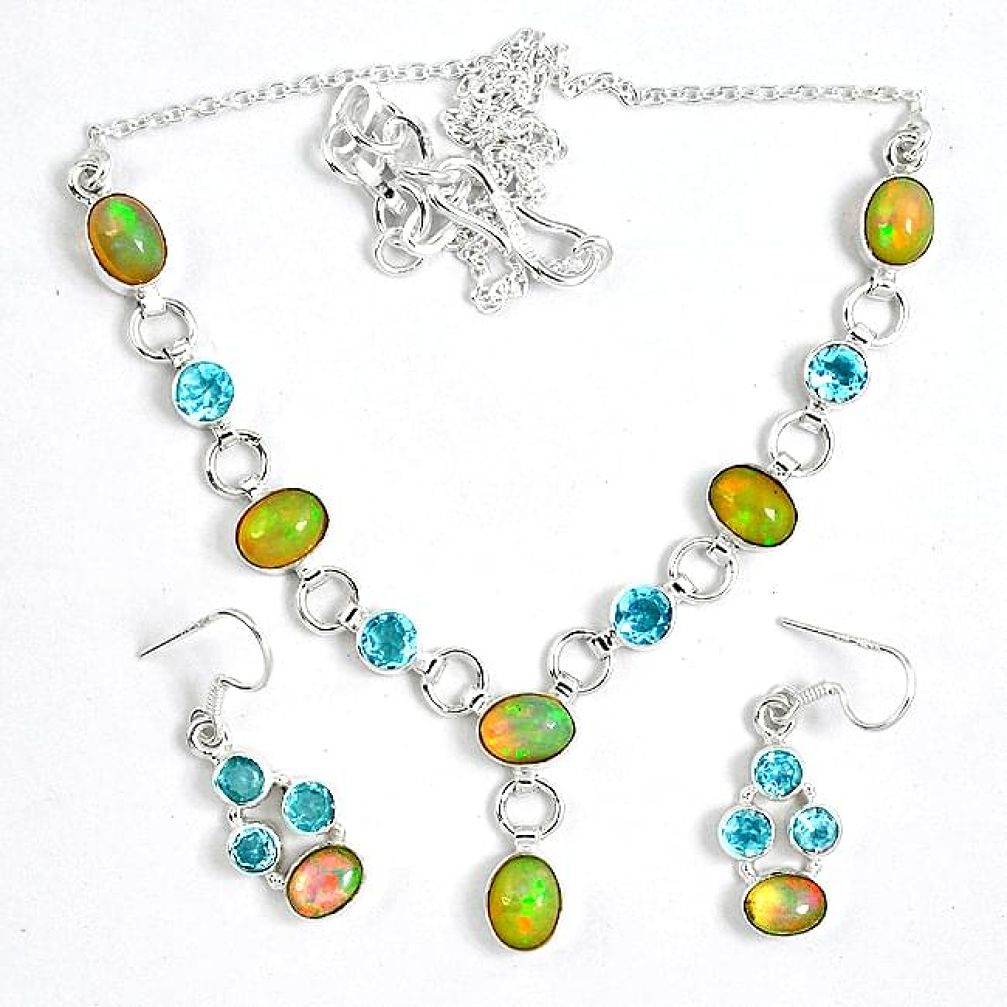 Natural multi color ethiopian opal 925 silver earrings necklace set k33848