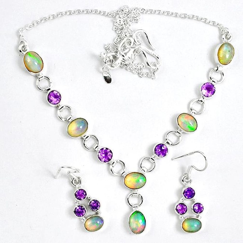 Natural multi color ethiopian opal 925 silver earrings necklace set k33849