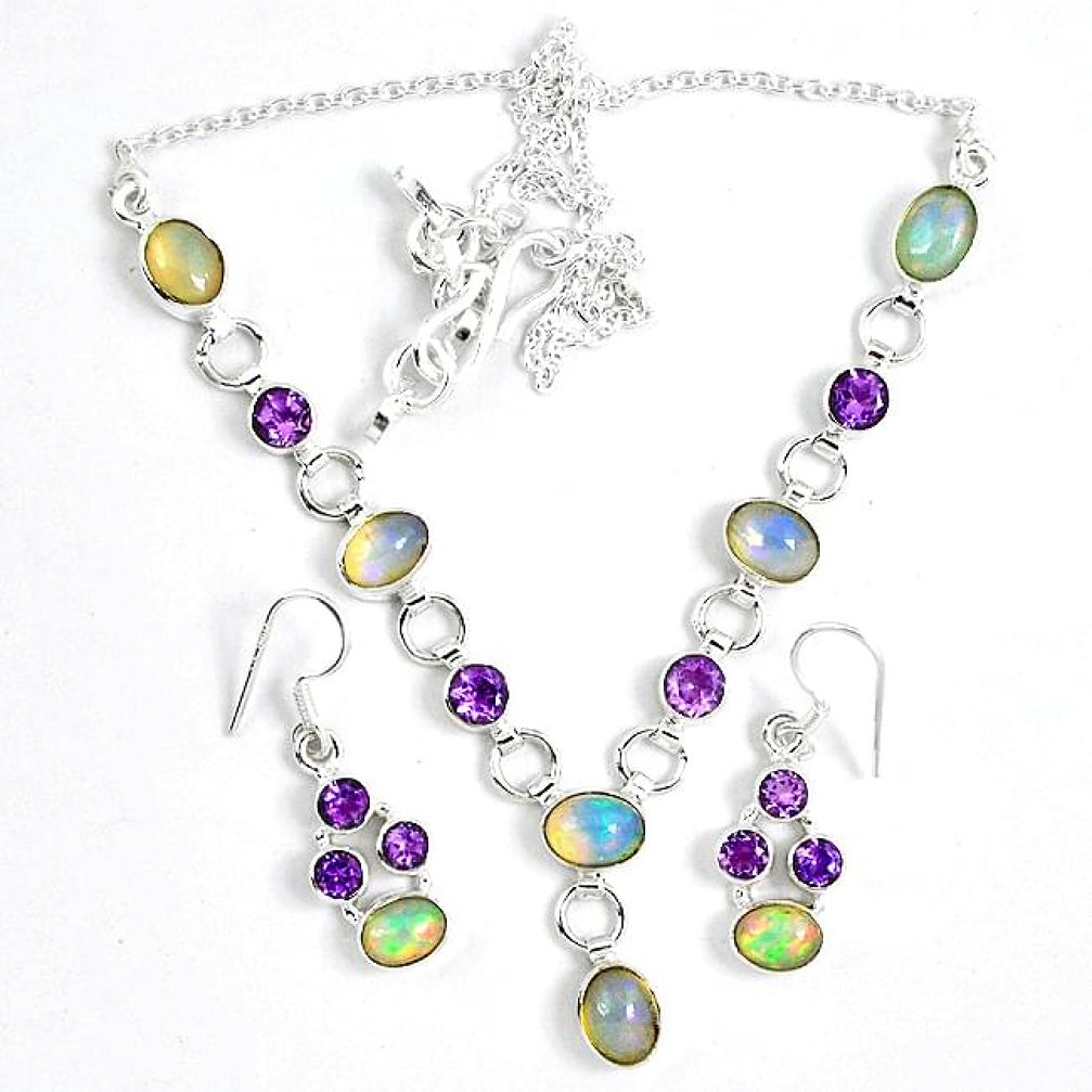 Natural multi color ethiopian opal 925 silver earrings necklace set k33850