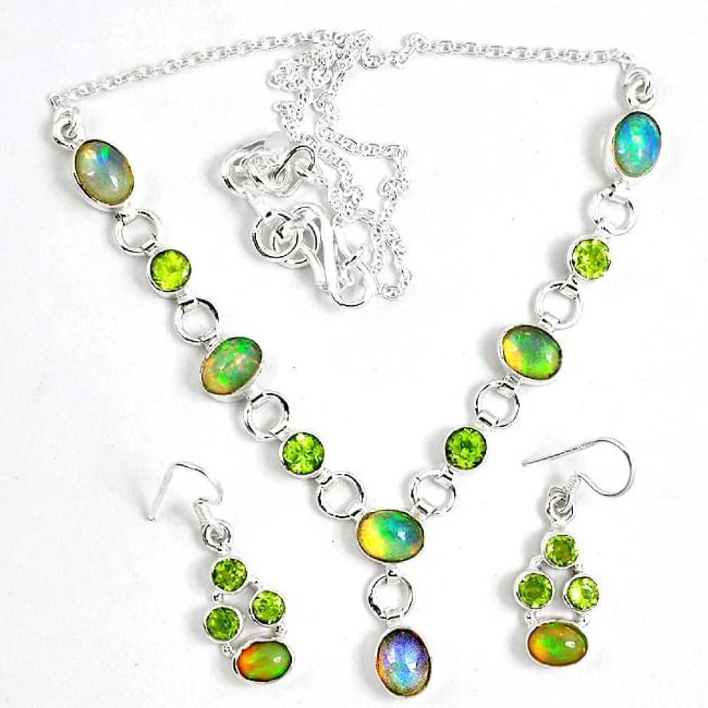 Natural multi color ethiopian opal 925 silver earrings necklace set k33854