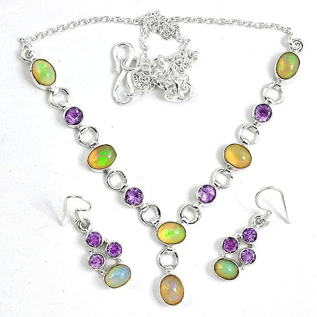 Natural multi color ethiopian opal 925 silver earrings necklace set k33855