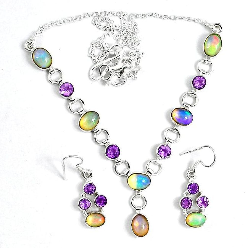 Natural ethiopian opal 925 sterling silver earrings necklace set k33857