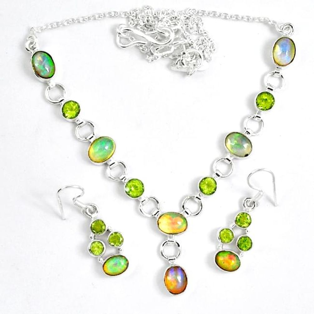 Natural multi color ethiopian opal 925 silver earrings necklace set k33859