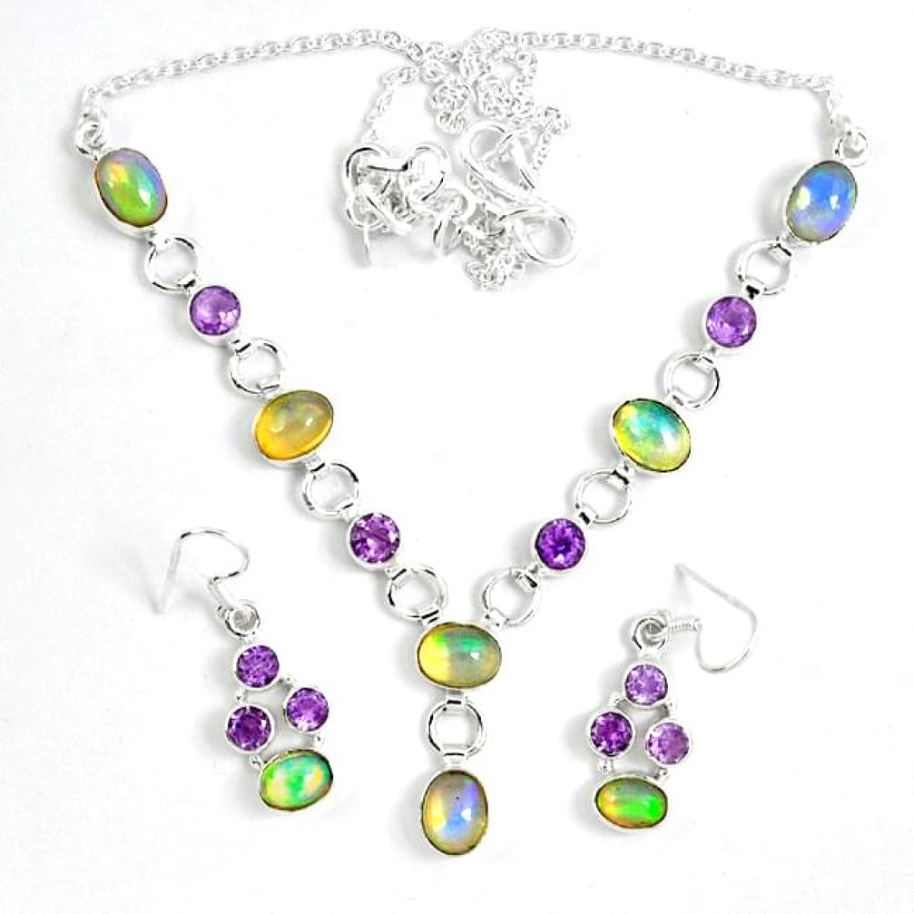 Natural multi color ethiopian opal 925 silver earrings necklace set k33860