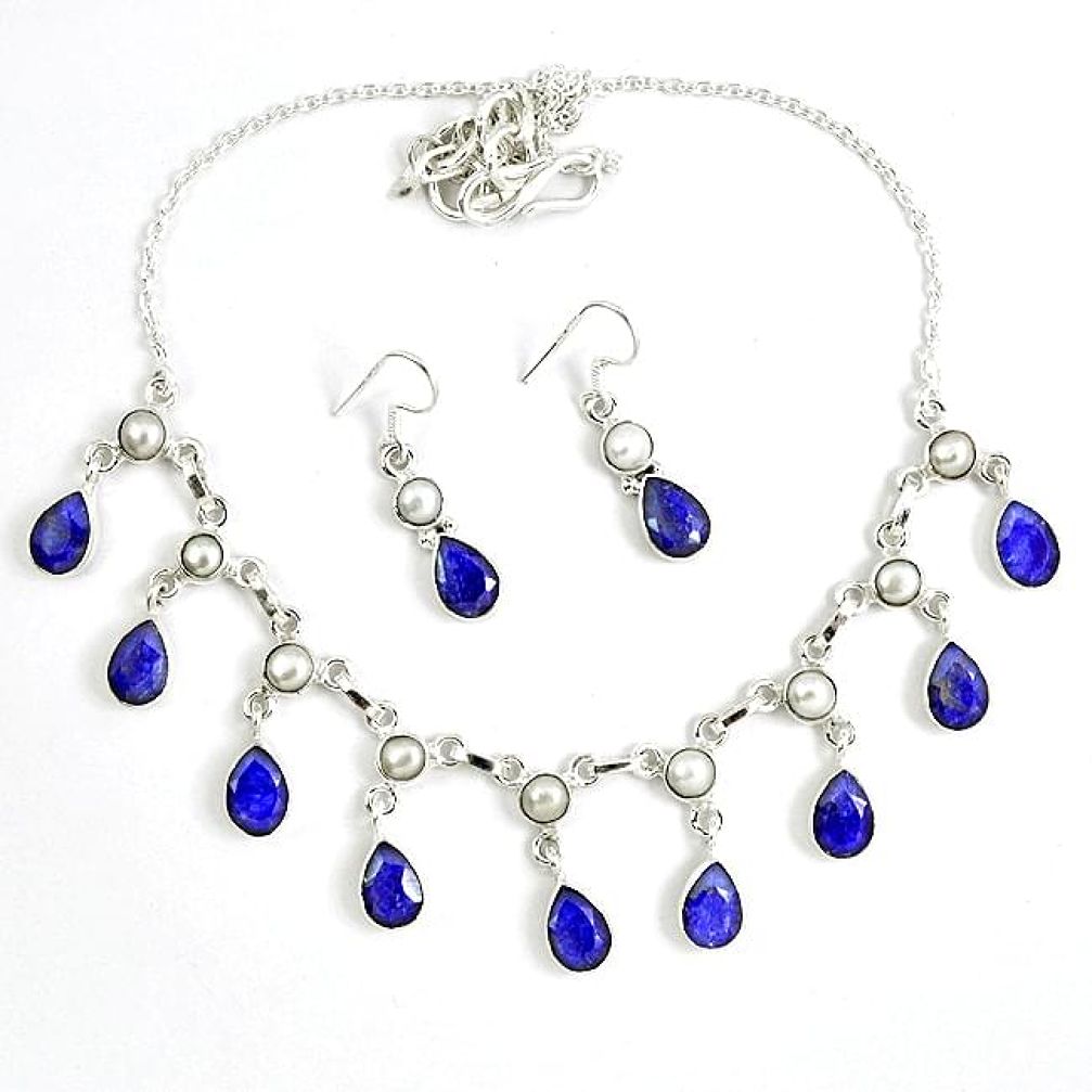 Blue sapphire quartz pearl 925 silver earrings necklace set jewelry k33901