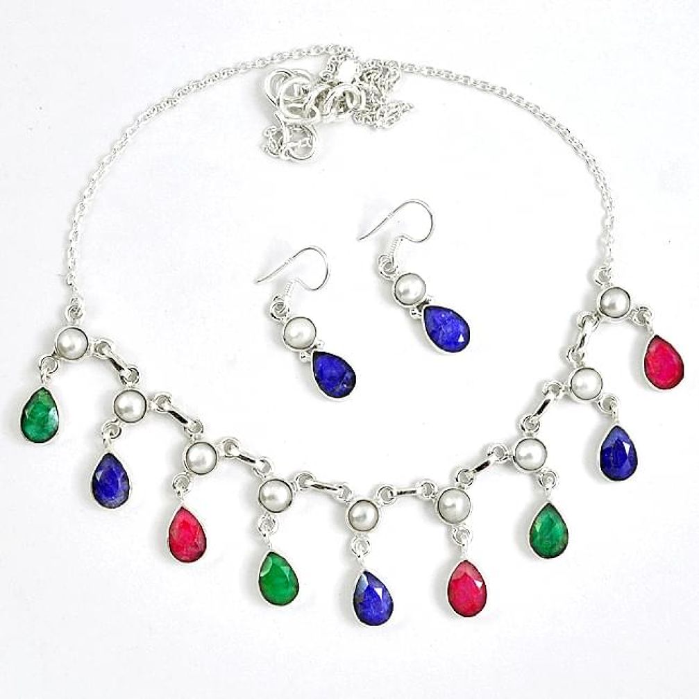 925 sterling silver blue sapphire quartz faux ruby earrings necklace set k33904