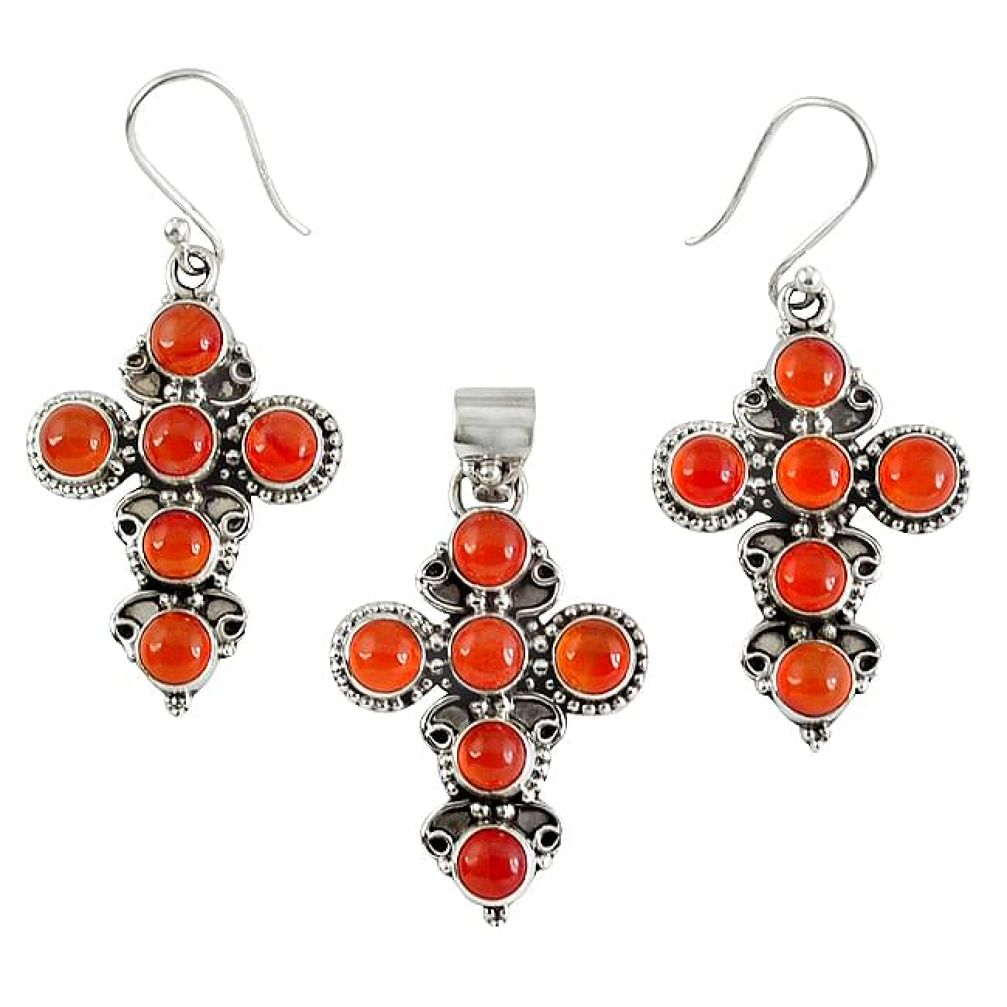 Natural orange carnelian 925 silver cross pendant earrings set k35636