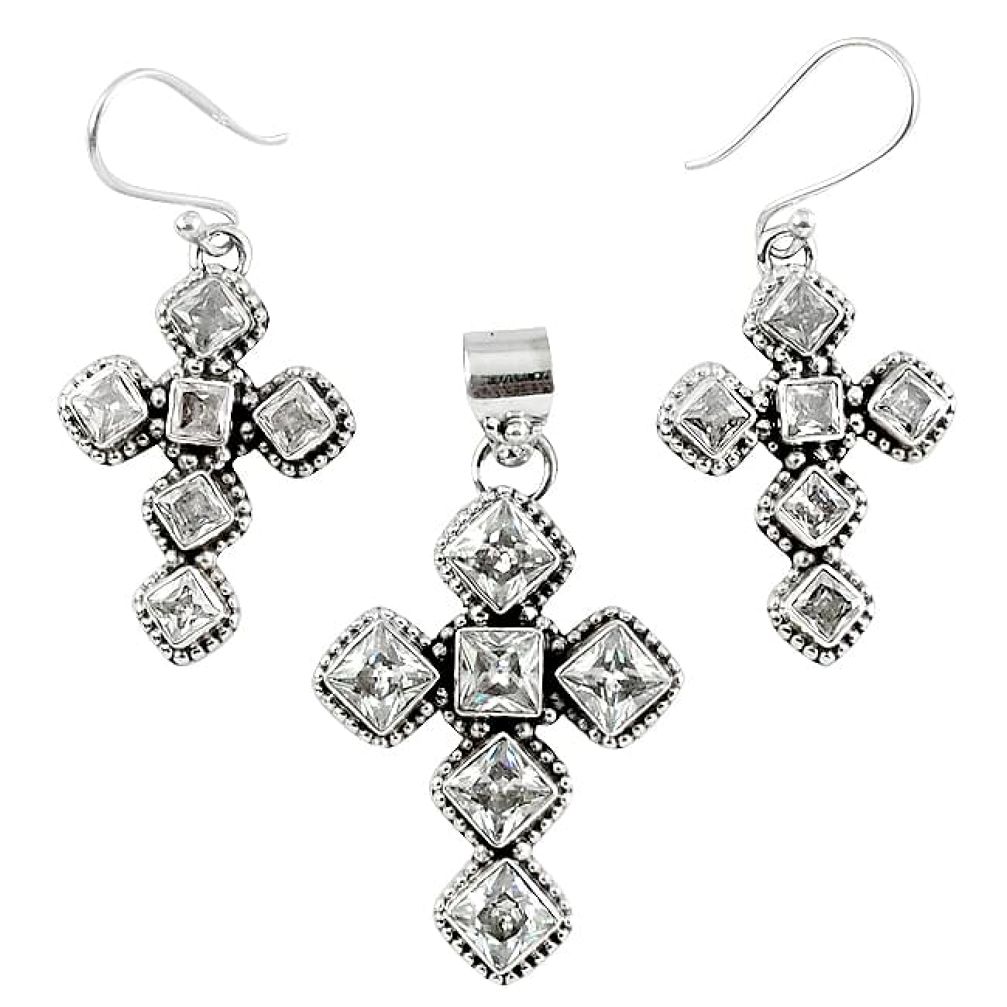 Natural white topaz 925 sterling silver cross pendant earrings set k35649