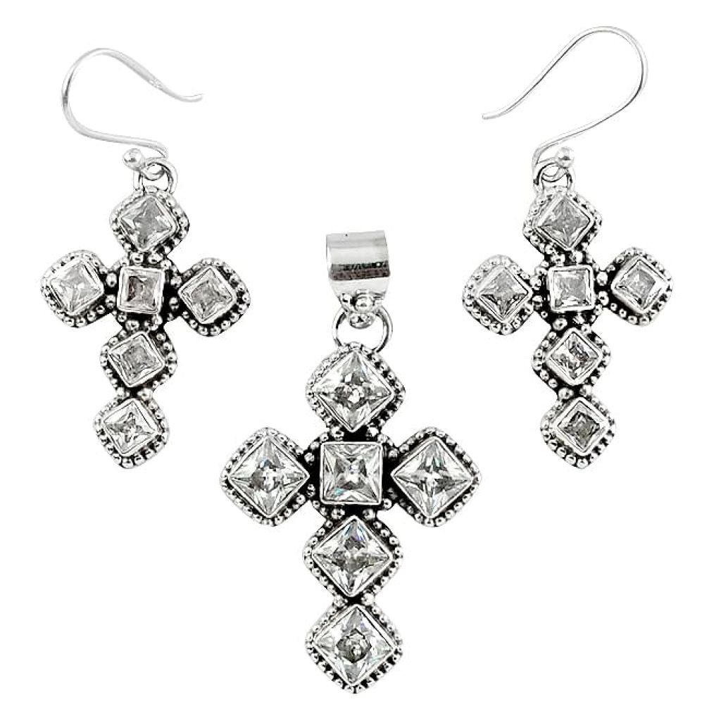 Natural white topaz 925 sterling silver cross pendant earrings set k35650