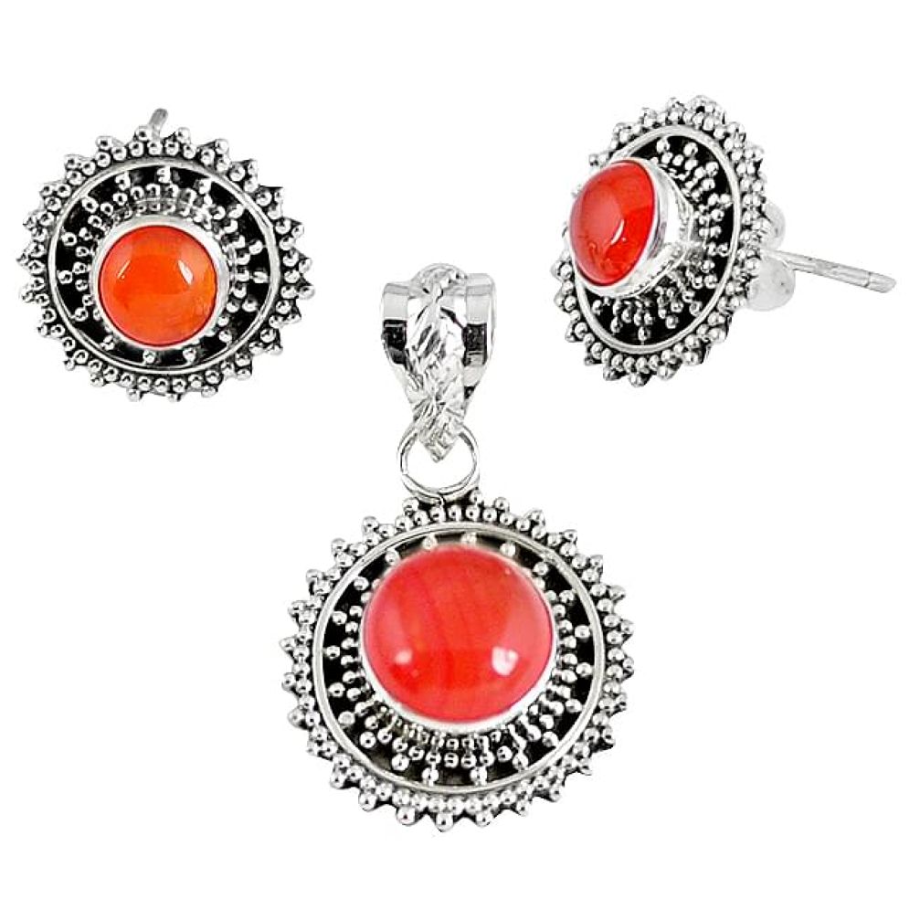 Natural orange carnelian 925 sterling silver pendant earrings set jewelry k36241