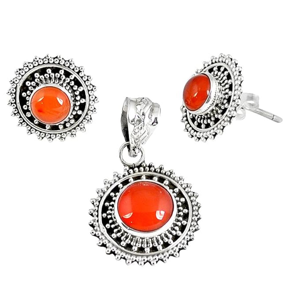 Natural orange carnelian 925 sterling silver pendant earrings set jewelry k36242