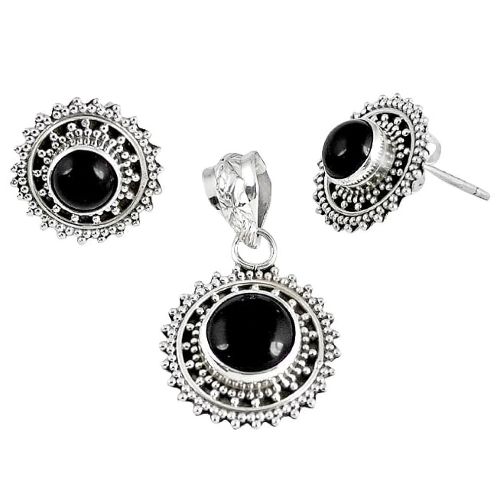 Natural black onyx round 925 sterling silver pendant earrings set jewelry k36243